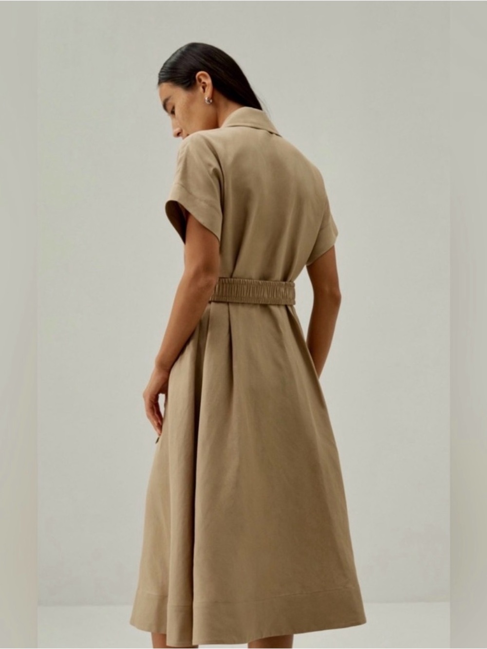 MPH Collection Short Sleeve Belted Midi Dress | Khaki | Size Large